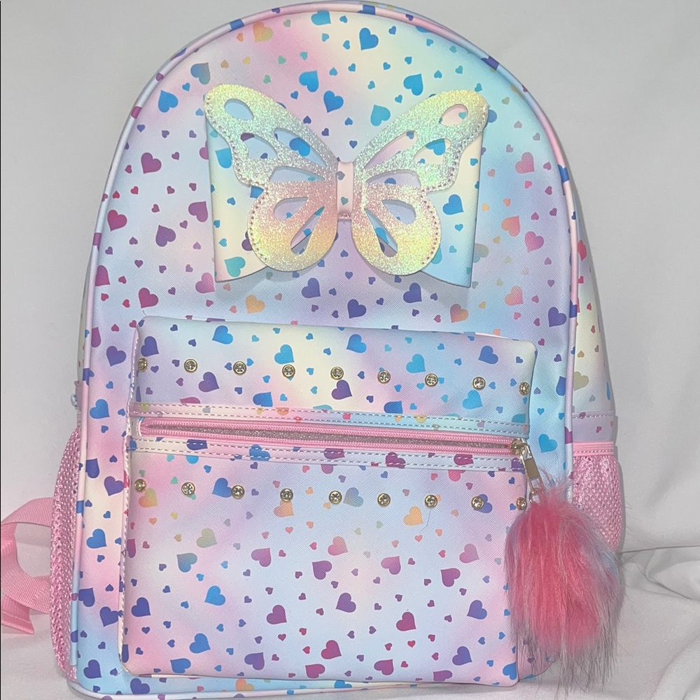 Colorful Heart Pattern Kids Backpack with Butterfly Accent